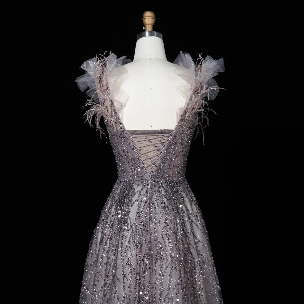 Luxury V-Neck Beaded Blue Feathers Evening Dress SS335