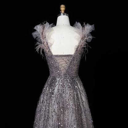 Luxury V-Neck Beaded Blue Feathers Evening Dress SS335