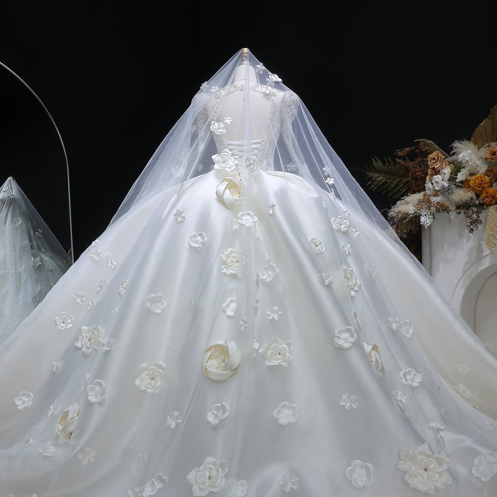 Luxury Satin 3D Floral Embroidery Long Sleeve Wedding Dress SW601