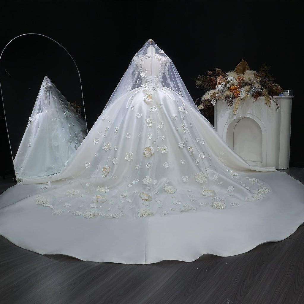 Luxury Satin 3D Floral Embroidery Long Sleeve Wedding Dress SW601