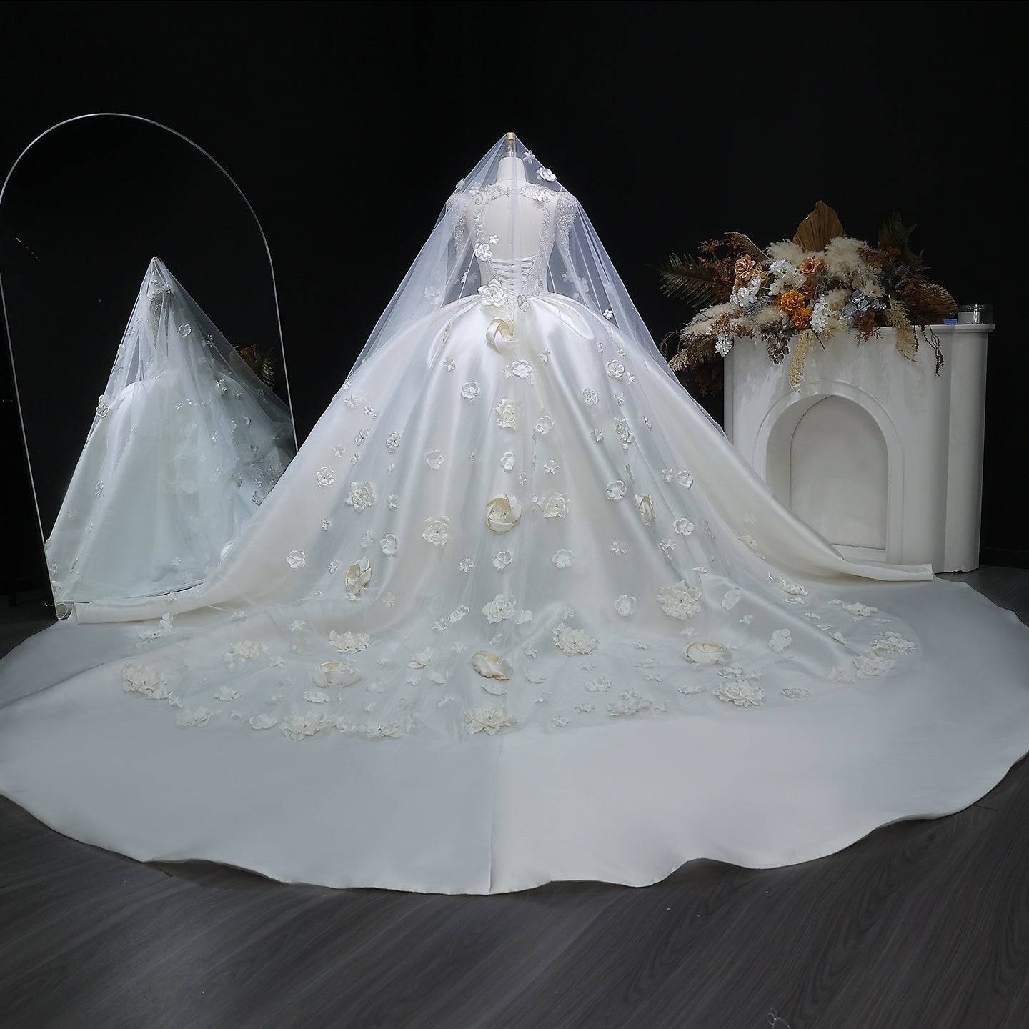 Luxury Satin 3D Floral Embroidery Long Sleeve Wedding Dress SW601