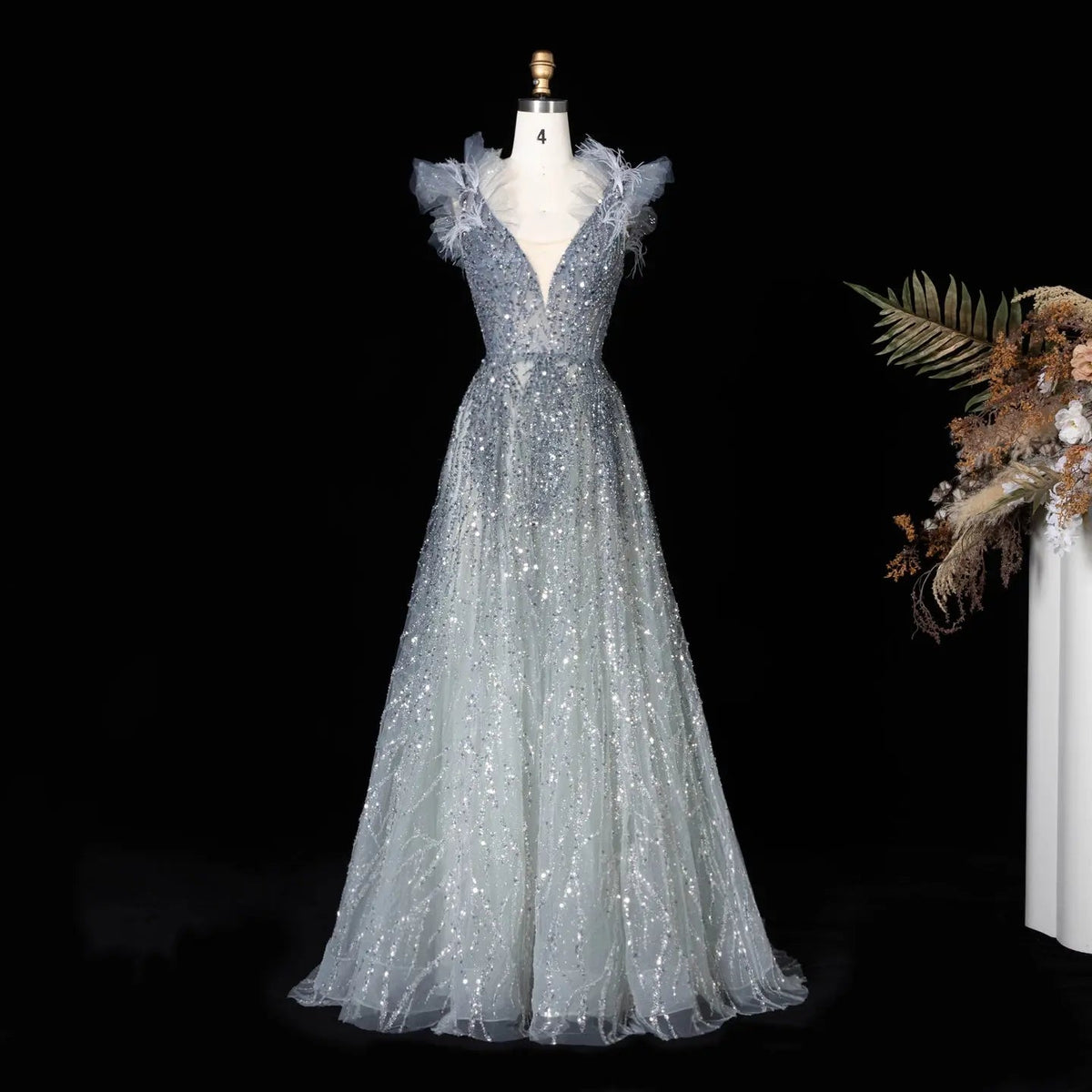 Luxury V-Neck Beaded Blue Feathers Evening Dress SS335