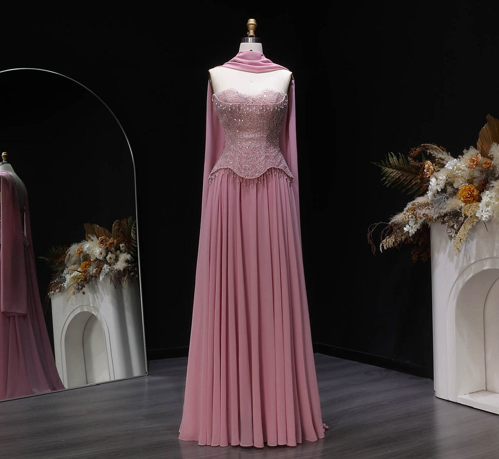 Luxury Pink Sweetheart Beaded Chiffon Evening Dress with Scarf SS434