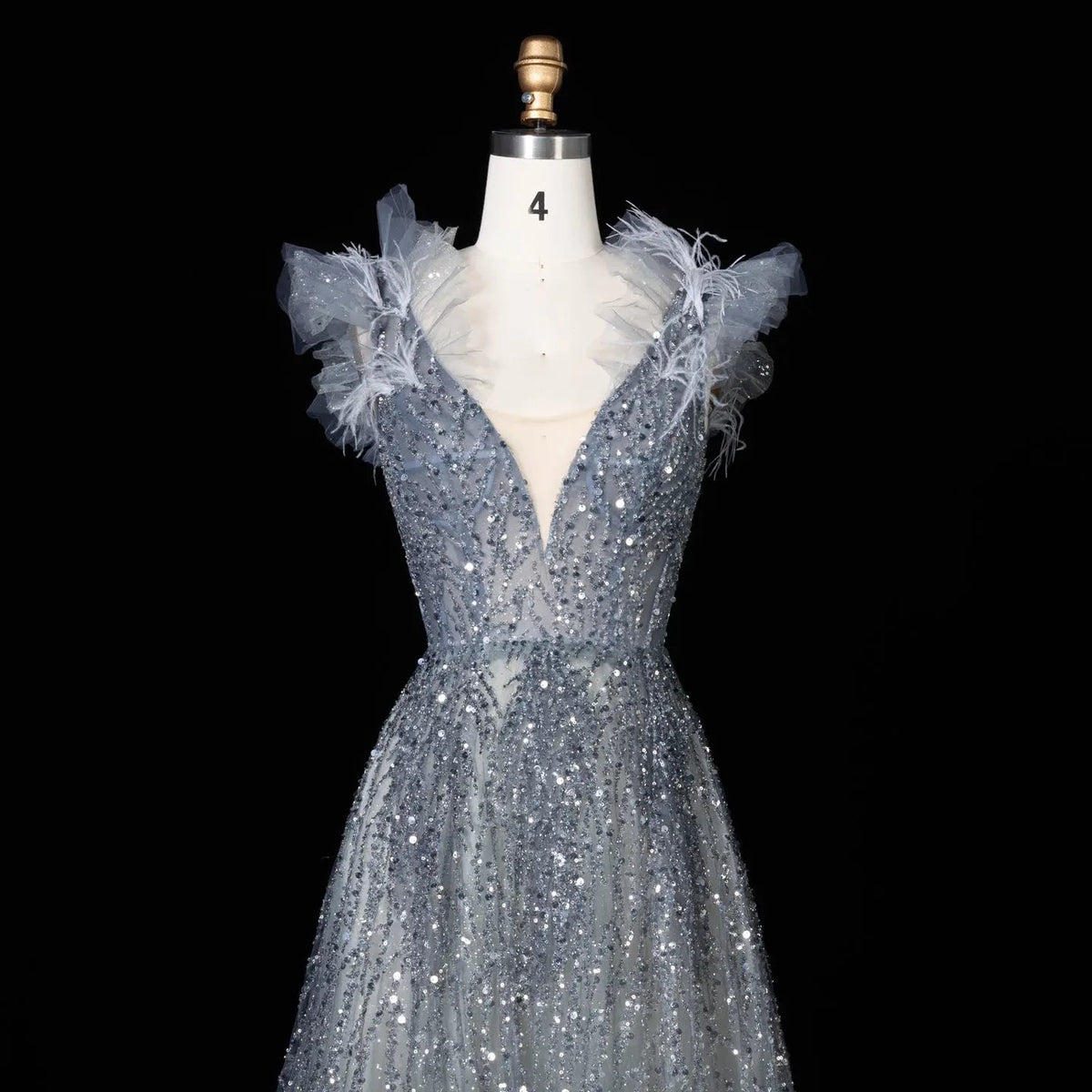 Luxury V-Neck Beaded Blue Feathers Evening Dress SS335