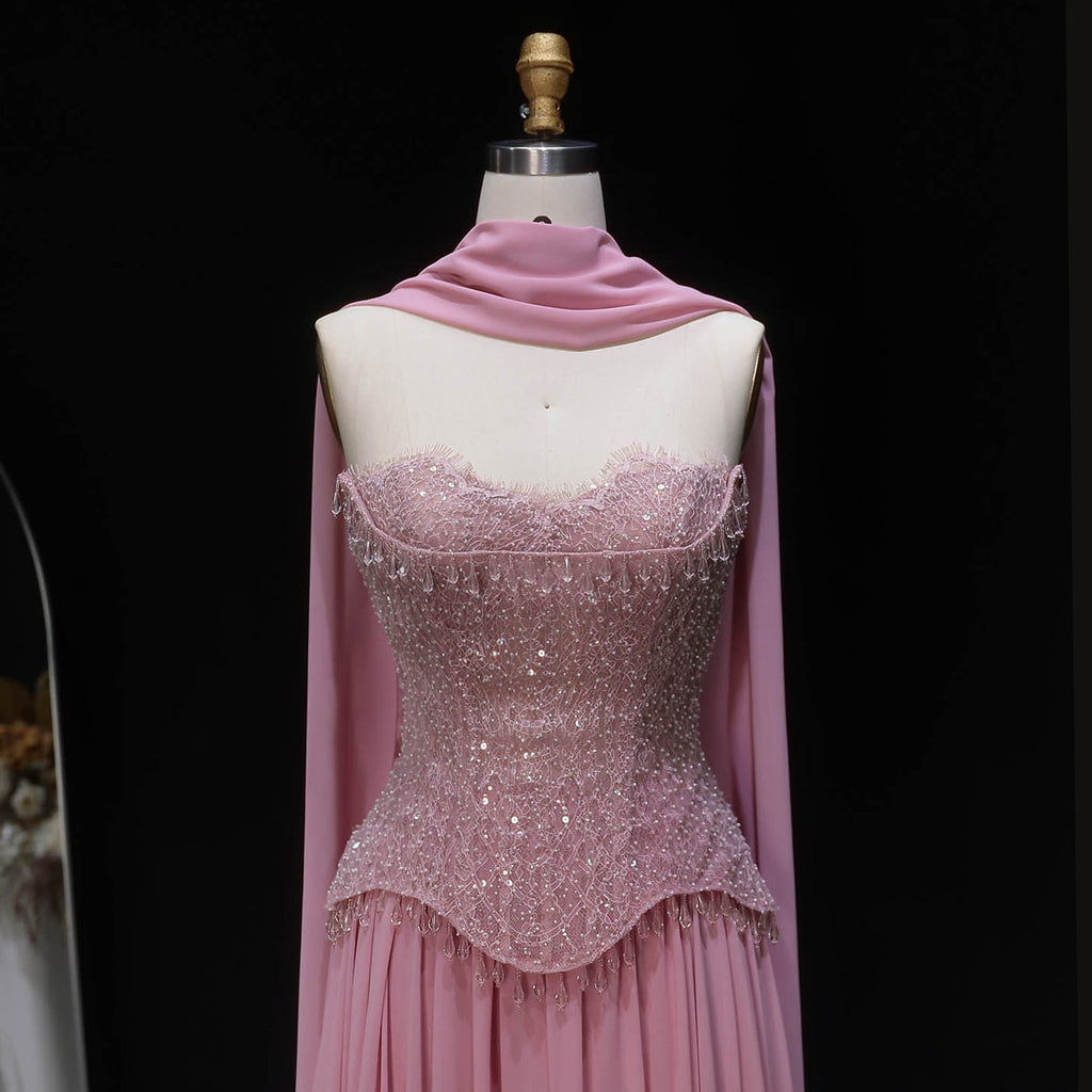 Luxury Pink Sweetheart Beaded Chiffon Evening Dress with Scarf SS434