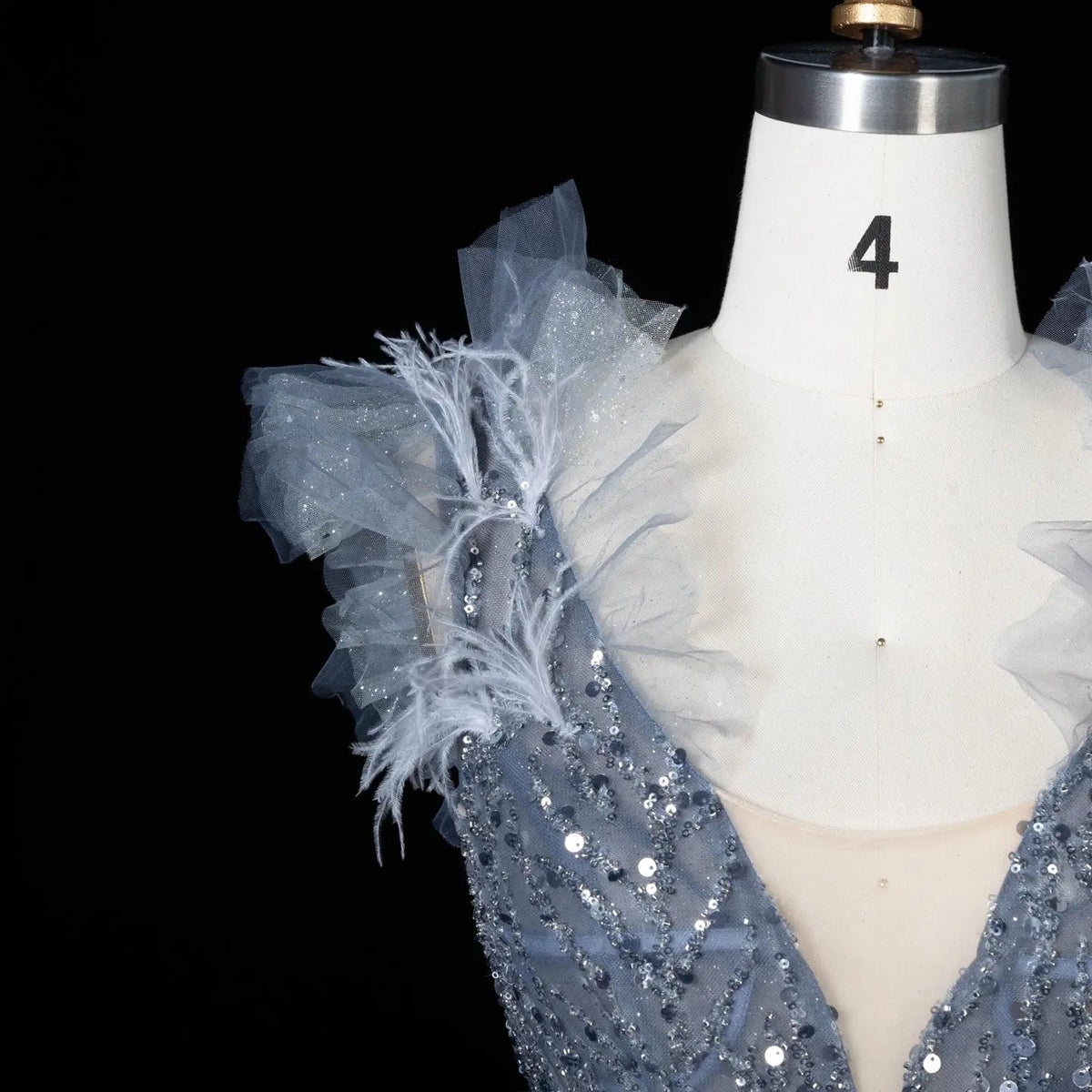 Luxury V-Neck Beaded Blue Feathers Evening Dress SS335