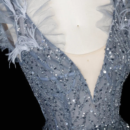 Luxury V-Neck Beaded Blue Feathers Evening Dress SS335