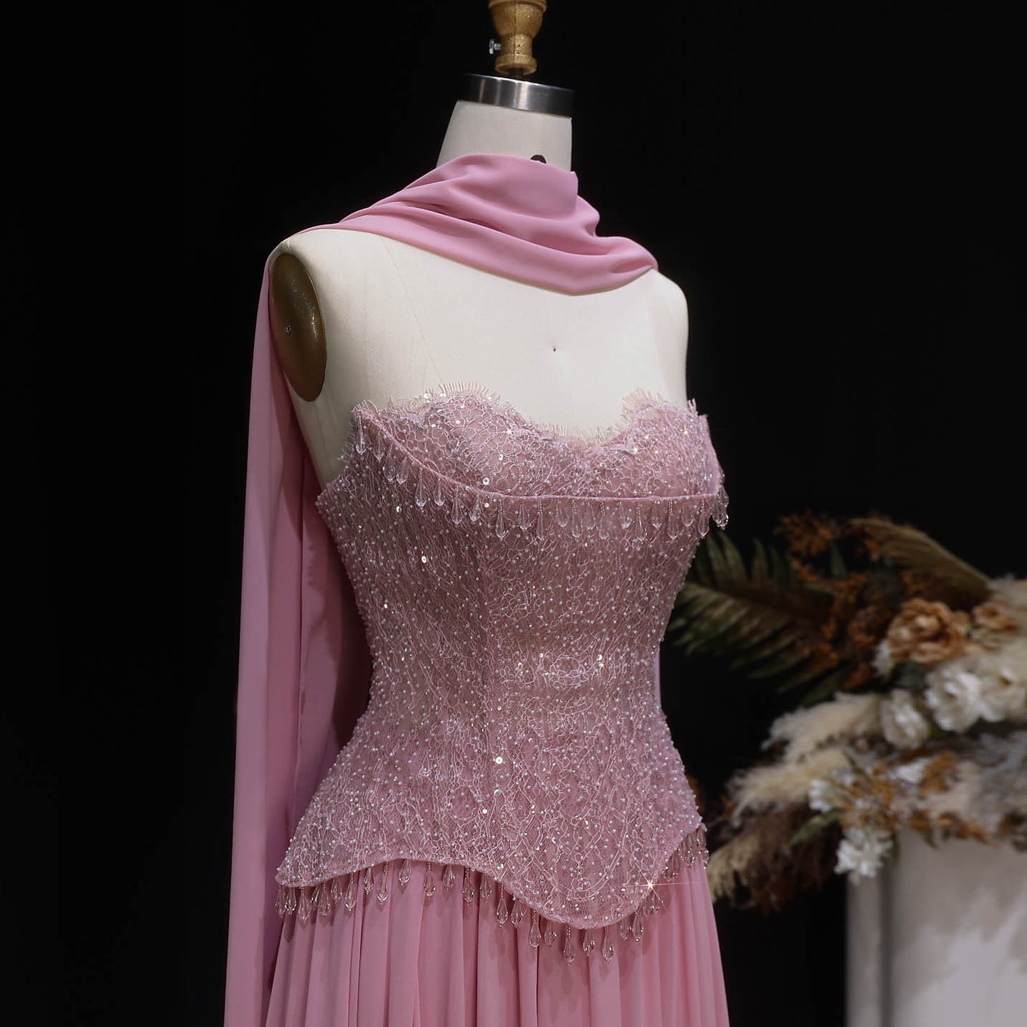 Luxury Pink Sweetheart Beaded Chiffon Evening Dress with Scarf SS434