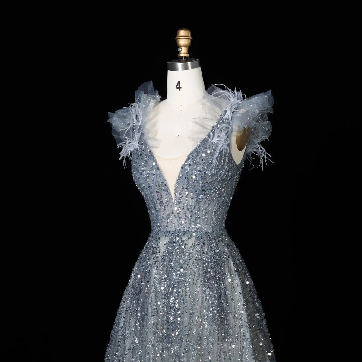 Luxury V-Neck Beaded Blue Feathers Evening Dress SS335