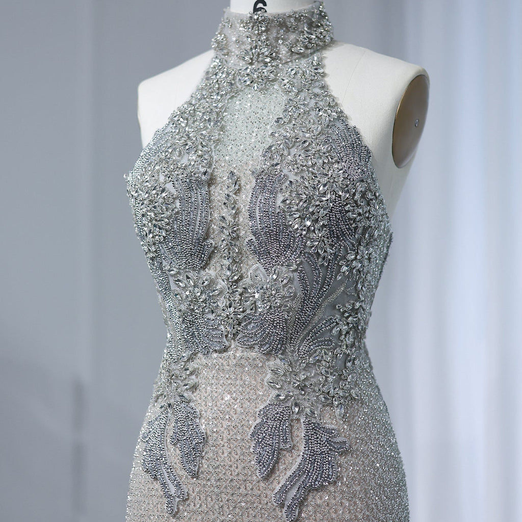 Luxury Halter Silver Nude Beaded Evening Dress SS408