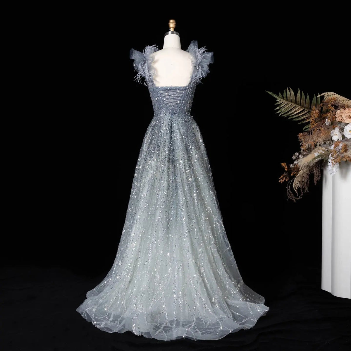 Luxury V-Neck Beaded Blue Feathers Evening Dress SS335