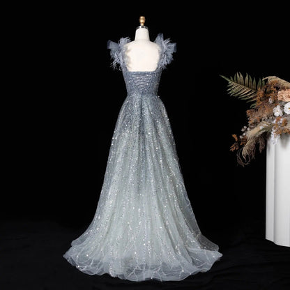 Luxury V-Neck Beaded Blue Feathers Evening Dress SS335