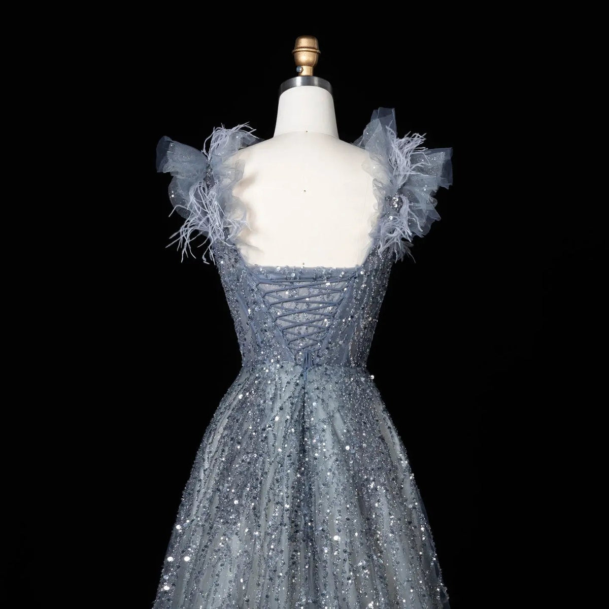 Luxury V-Neck Beaded Blue Feathers Evening Dress SS335