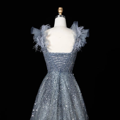 Luxury V-Neck Beaded Blue Feathers Evening Dress SS335