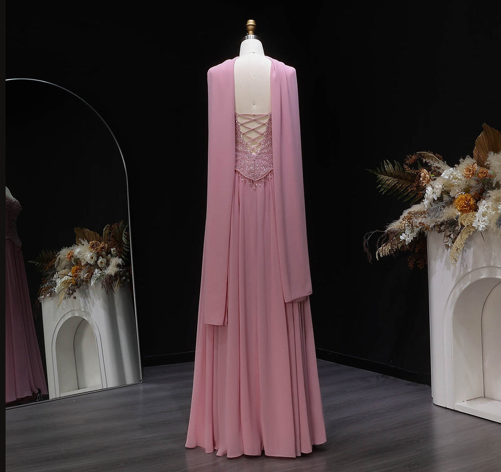 Luxury Pink Sweetheart Beaded Chiffon Evening Dress with Scarf SS434
