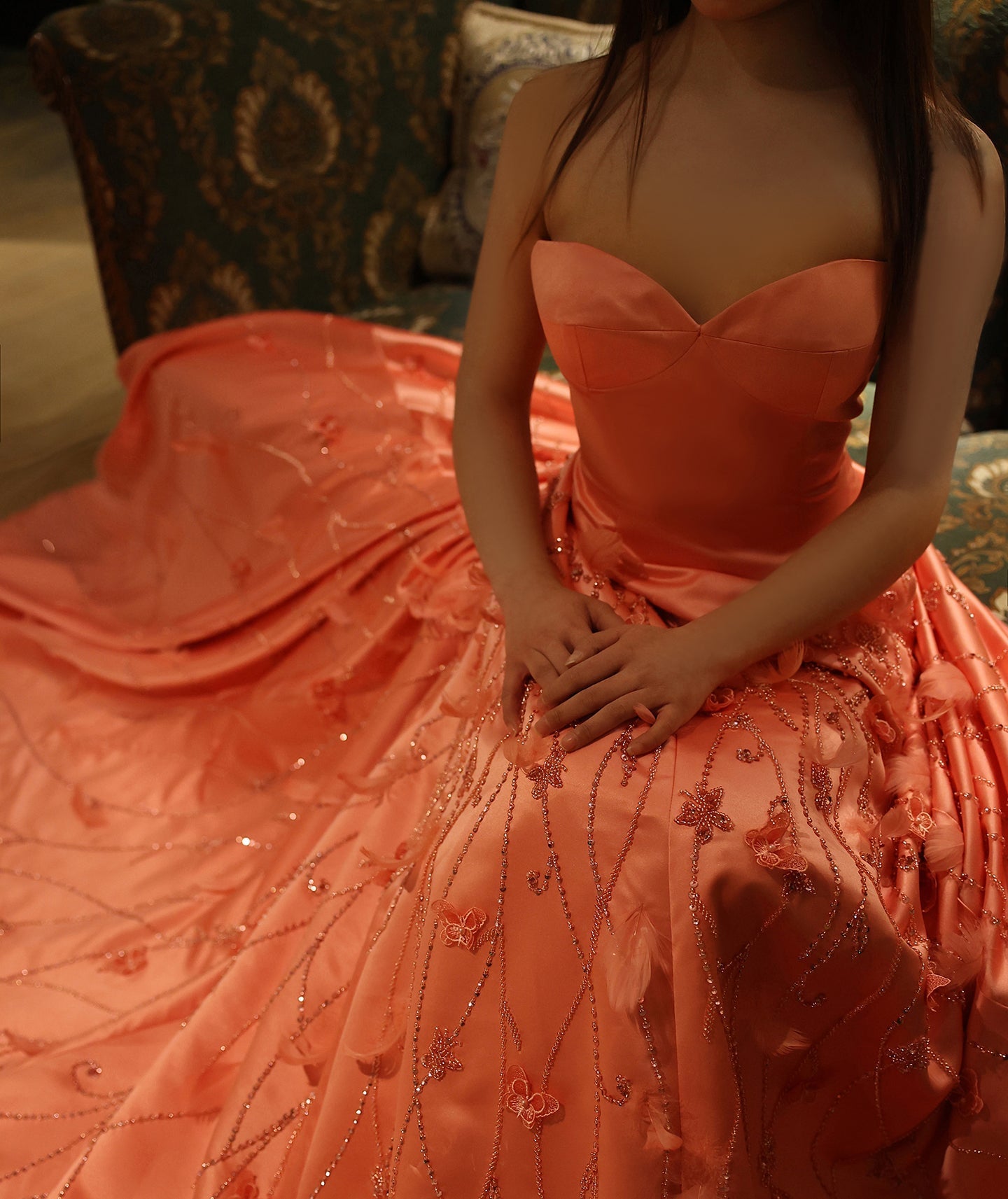 Luxury Feathers Coral Pink Beaded A-Line Evening Dresses SS470