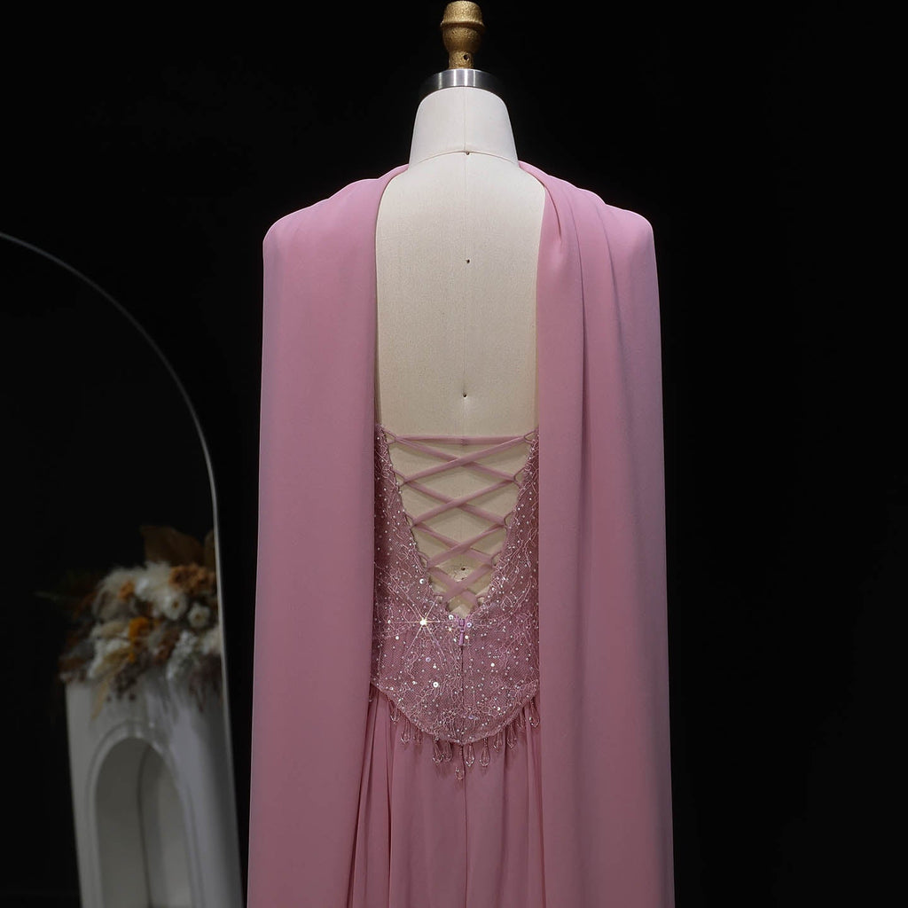 Luxury Pink Sweetheart Beaded Chiffon Evening Dress with Scarf SS434