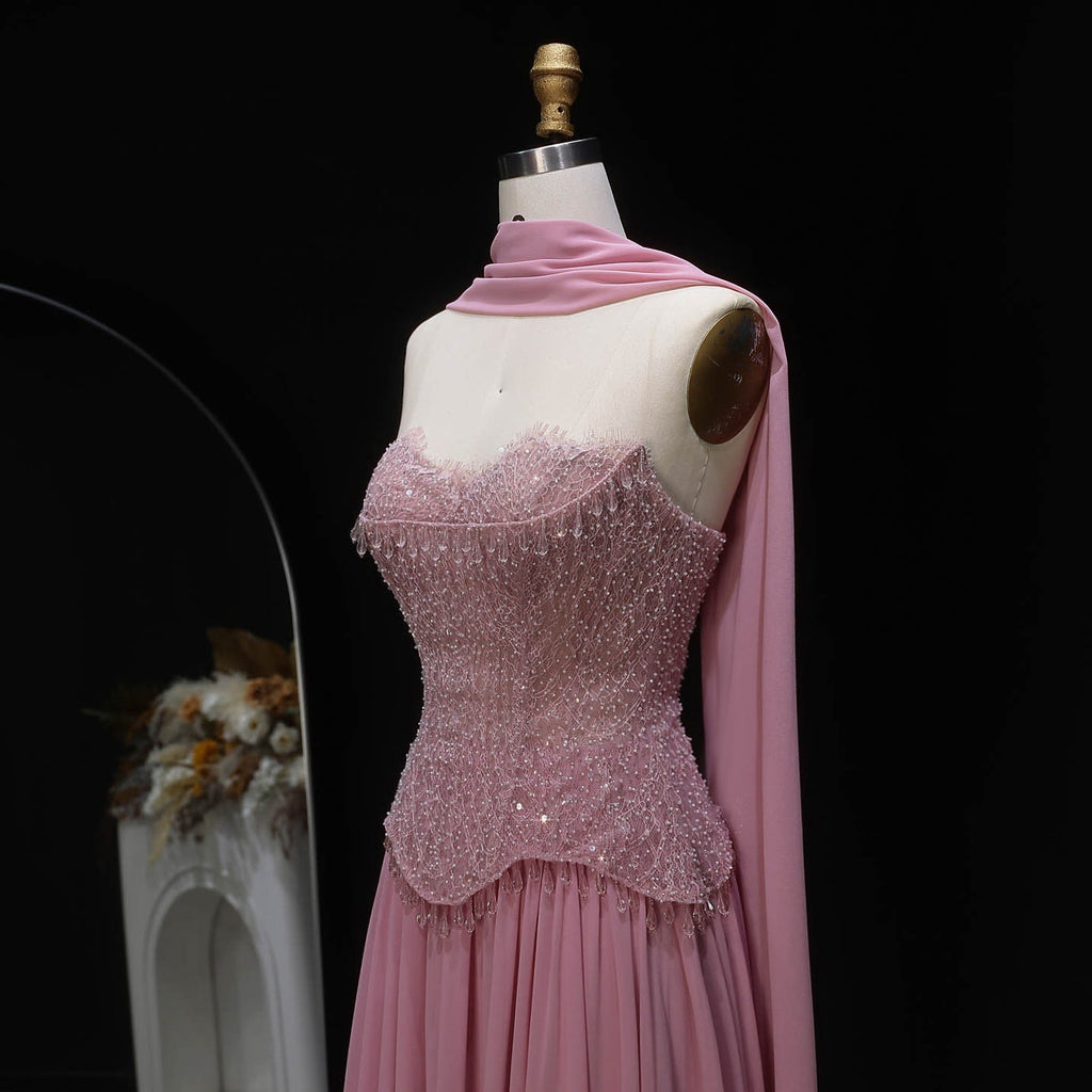 Luxury Pink Sweetheart Beaded Chiffon Evening Dress with Scarf SS434