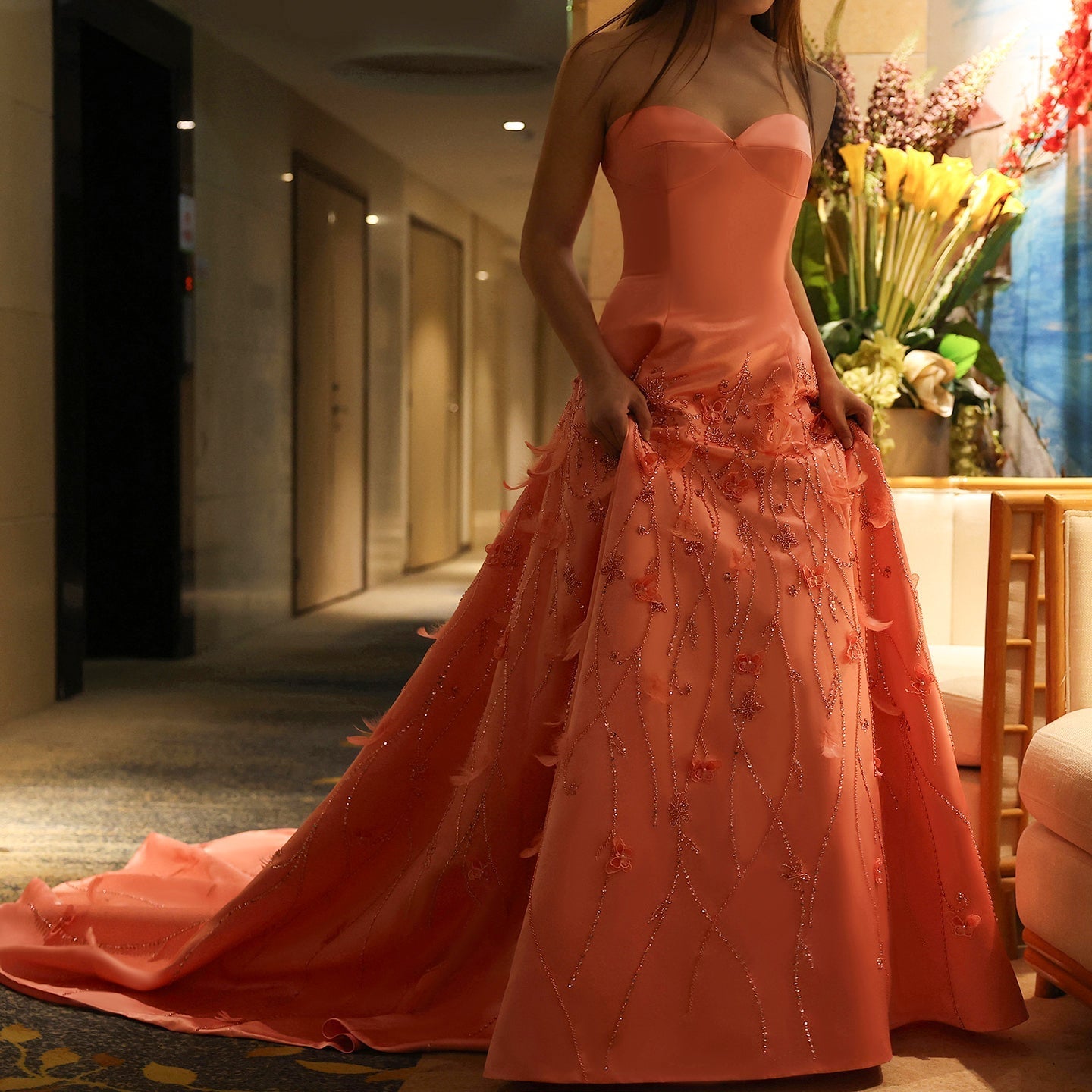 Luxury Feathers Coral Pink Beaded A-Line Evening Dresses SS470