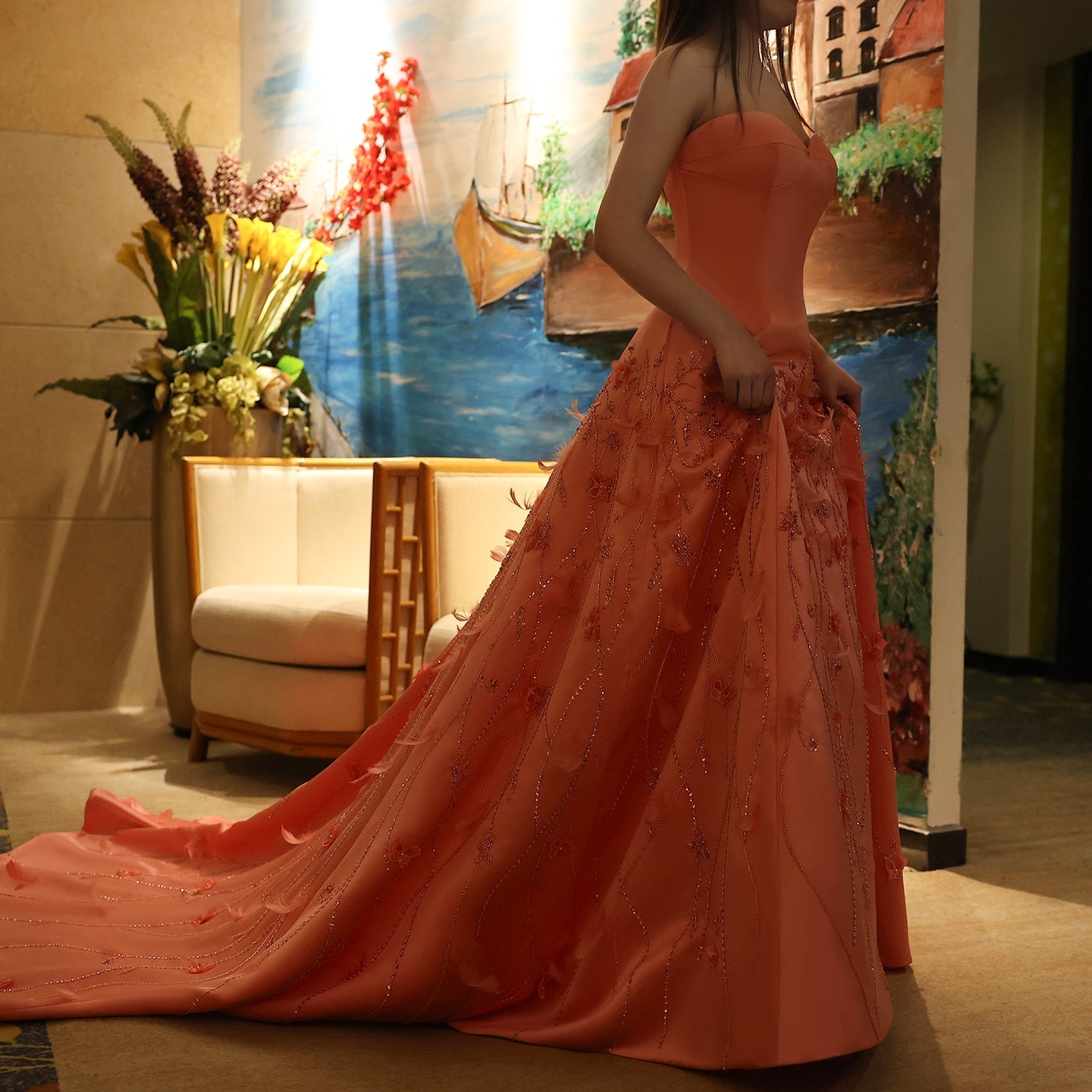 Luxury Feathers Coral Pink Beaded A-Line Evening Dresses SS470