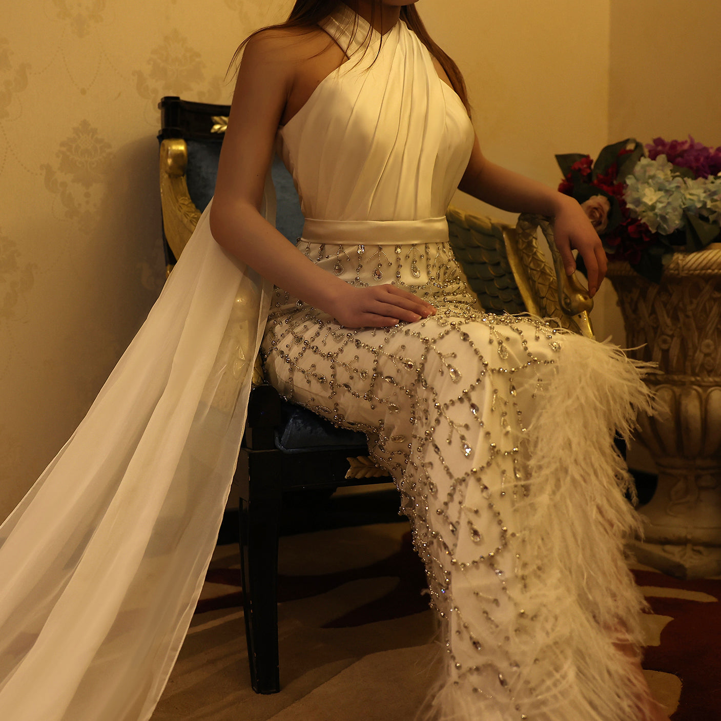 Luxury Feather White Halter Mermaid Evening Dress with Cape SS350