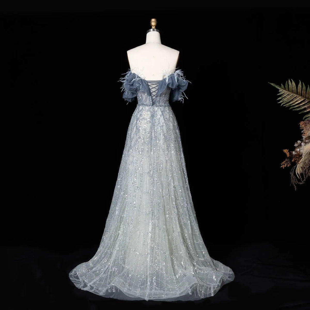 Luxury Feathers Green Off Shoulder Evening Dress SS303