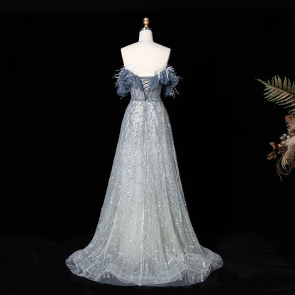 Luxury Feathers Green Off Shoulder Evening Dress SS303
