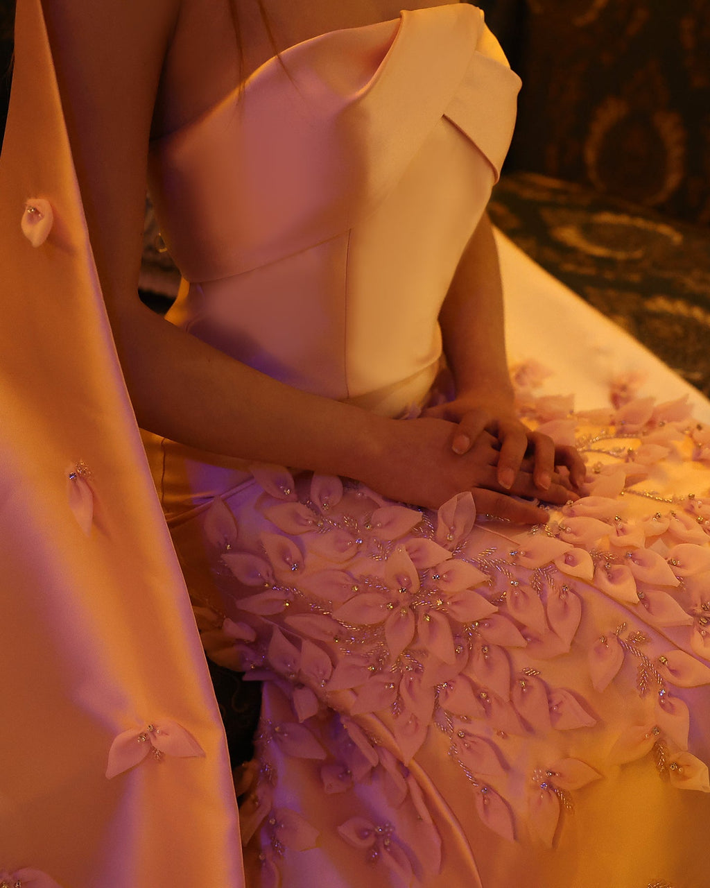 Luxury 3D Leaves Blush Pink Mermaid Evening Dress with Cape SS463