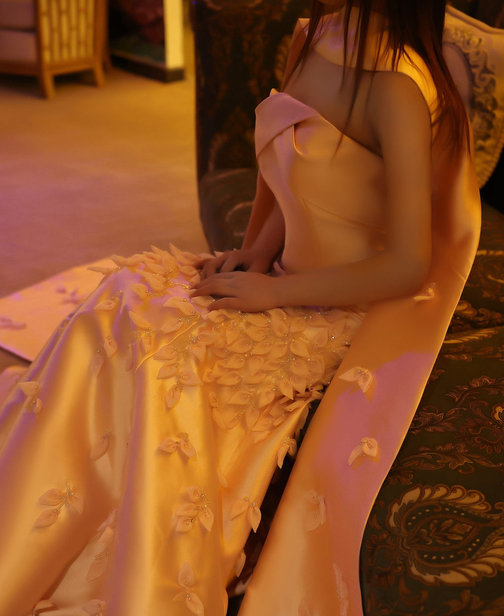 Luxury 3D Leaves Blush Pink Mermaid Evening Dress with Cape SS463