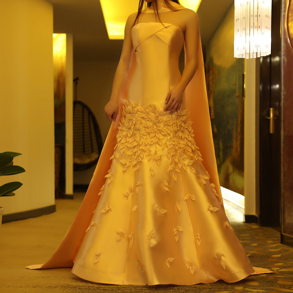 Luxury 3D Leaves Blush Pink Mermaid Evening Dress with Cape SS463