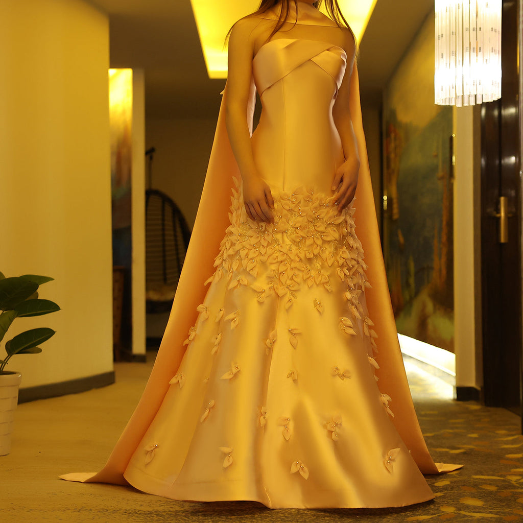 Luxury 3D Leaves Blush Pink Mermaid Evening Dress with Cape SS463