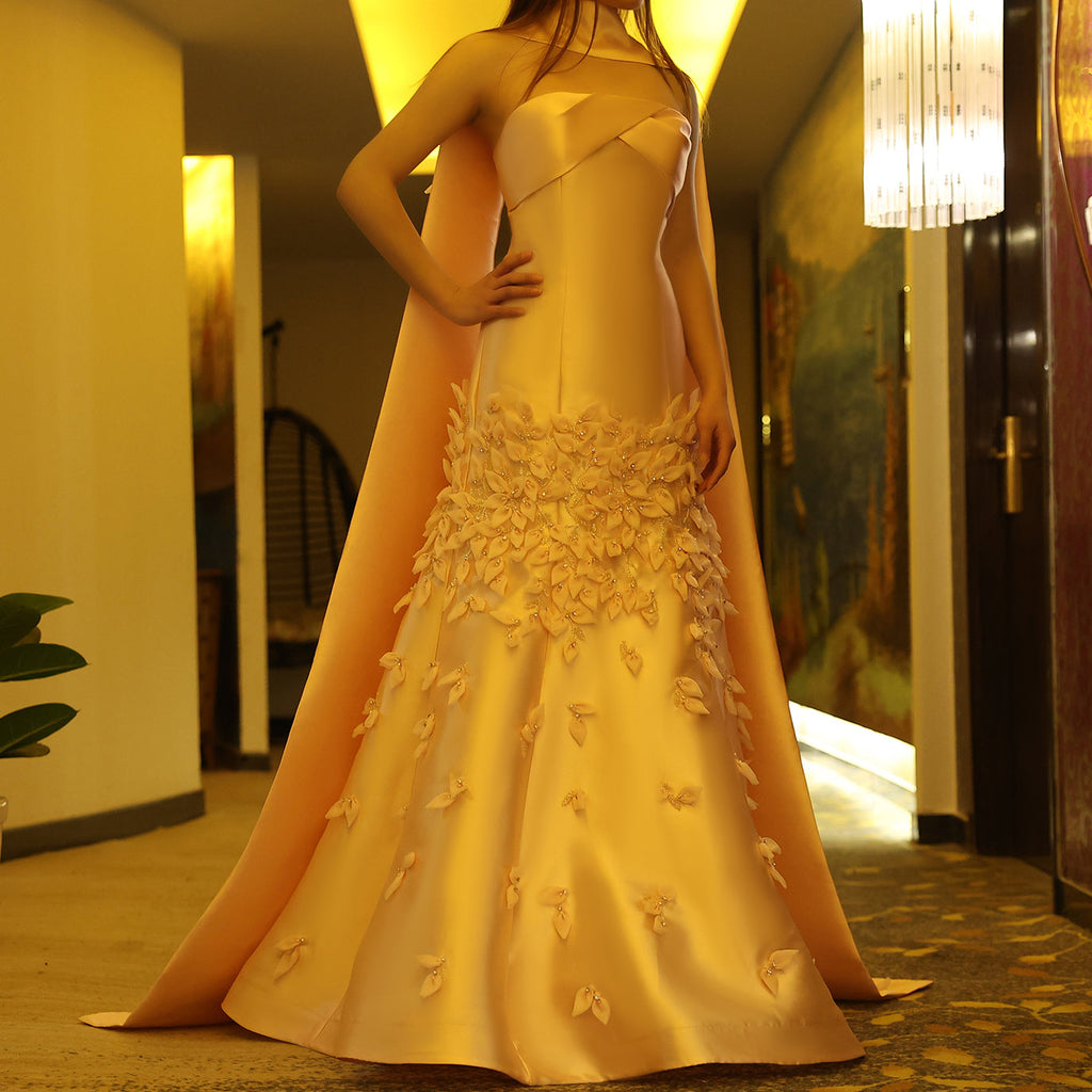 Luxury 3D Leaves Blush Pink Mermaid Evening Dress with Cape SS463