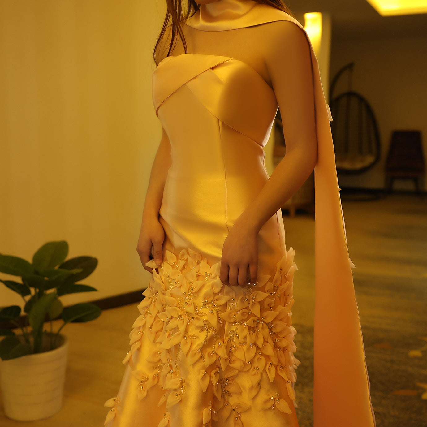 Luxury 3D Leaves Blush Pink Mermaid Evening Dress with Cape SS463