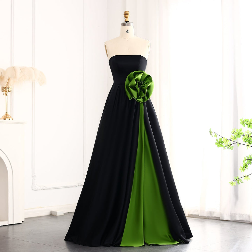 Elegant Black Strapless 3D Floarl Evening Dress SF099