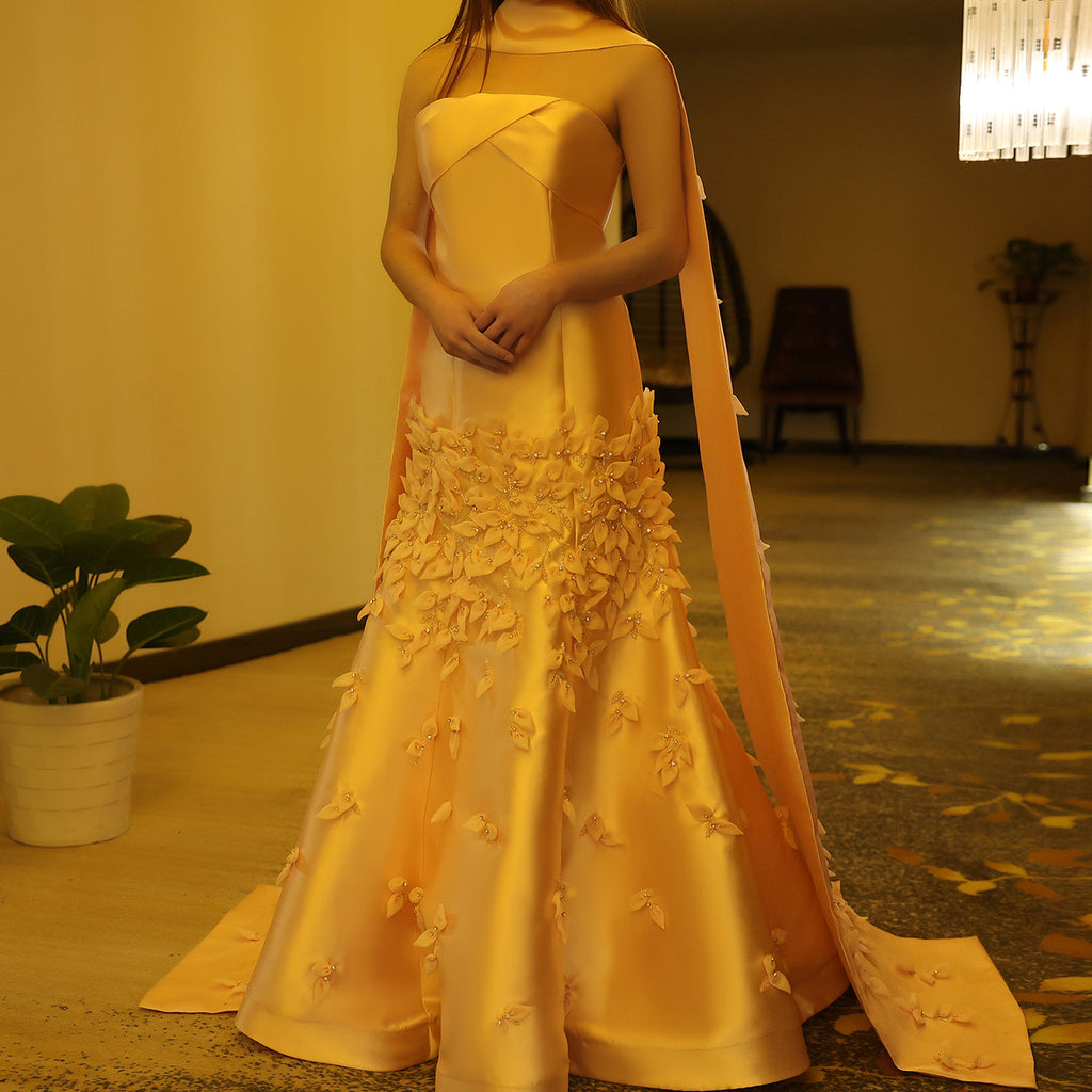 Luxury 3D Leaves Blush Pink Mermaid Evening Dress with Cape SS463