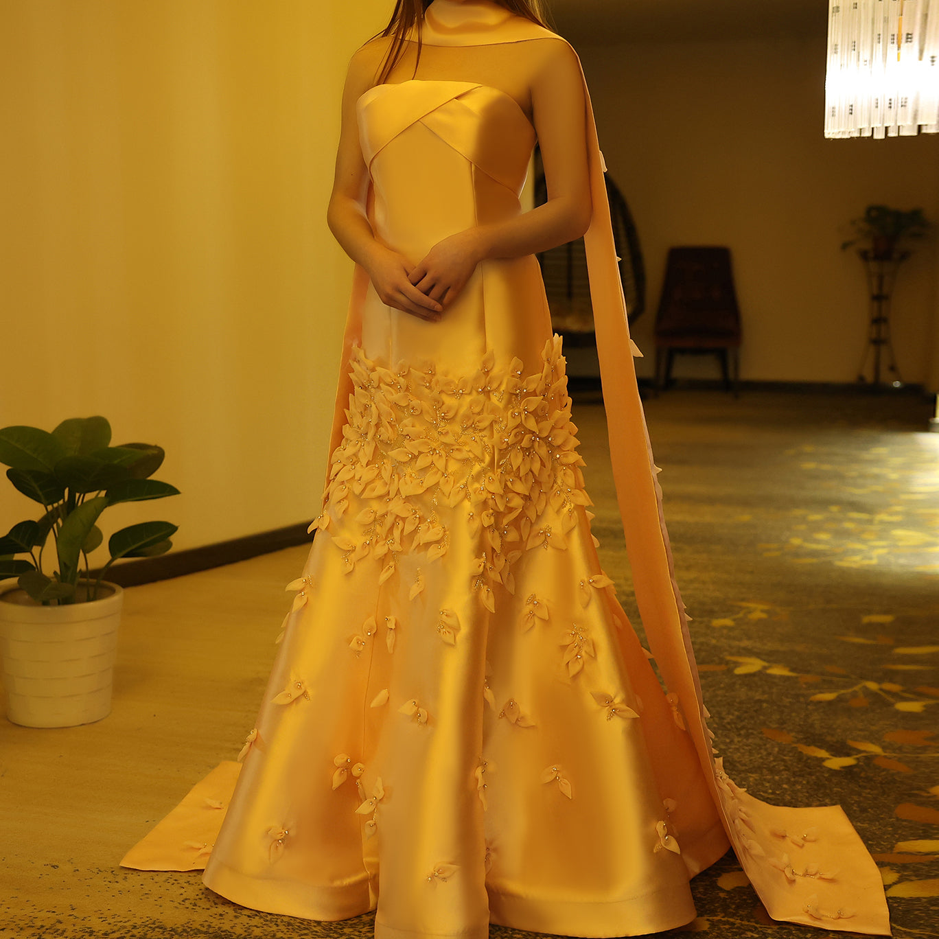 Luxury 3D Leaves Blush Pink Mermaid Evening Dress with Cape SS463