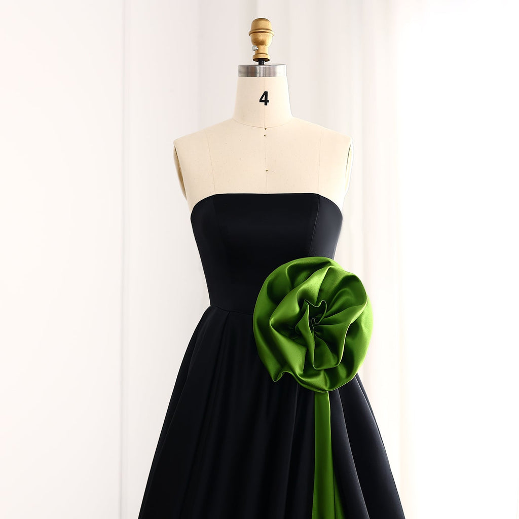 Elegant Black Strapless 3D Floarl Evening Dress SF099