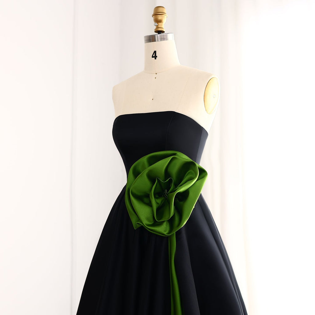 Elegant Black Strapless 3D Floarl Evening Dress SF099