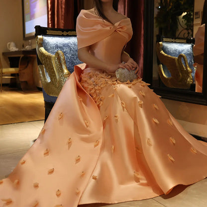 Luxury 3D Flowers Pink Off Shoulder Evening Dress SS464