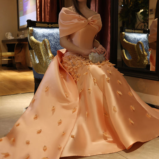 Luxury 3D Flowers Blush Pink Satin Mermaid Evening Dress SS464