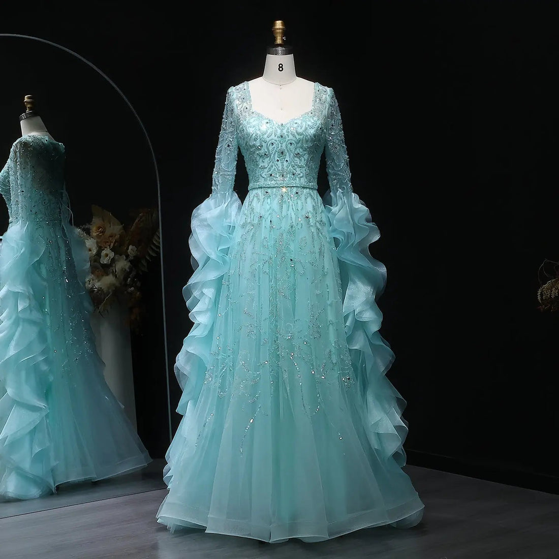Luxury Aqua Ruffled Cape Crystal Sequin Evening Dress SS410