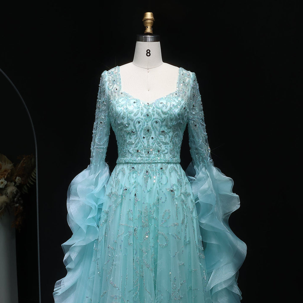 Luxury Aqua Evening Dress with Crystal Sequins and Ruffled Cape SS410