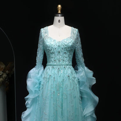 Luxury Aqua Ruffled Cape Crystal Sequin Evening Dress SS410