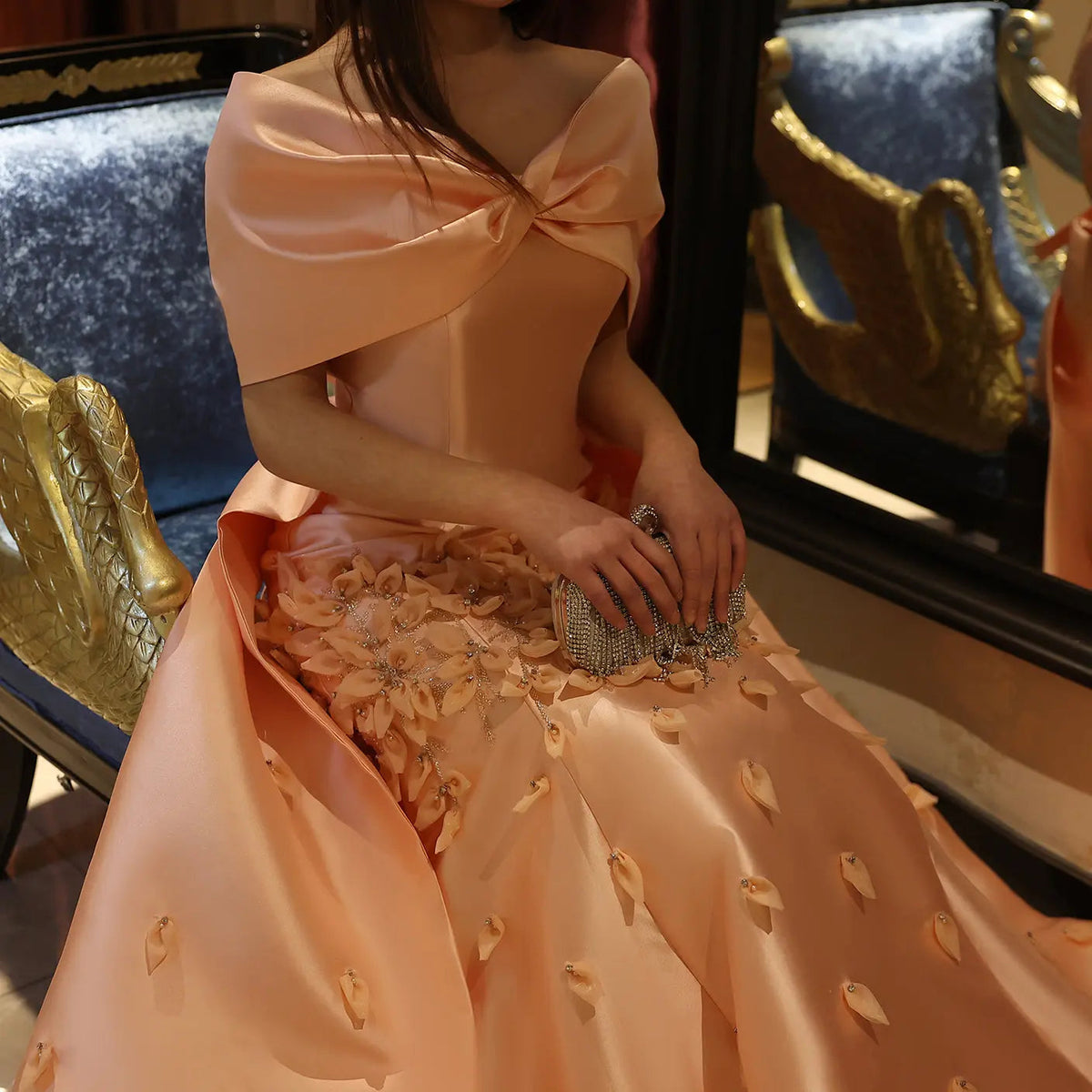 Luxury 3D Flowers Pink Off Shoulder Evening Dress SS464
