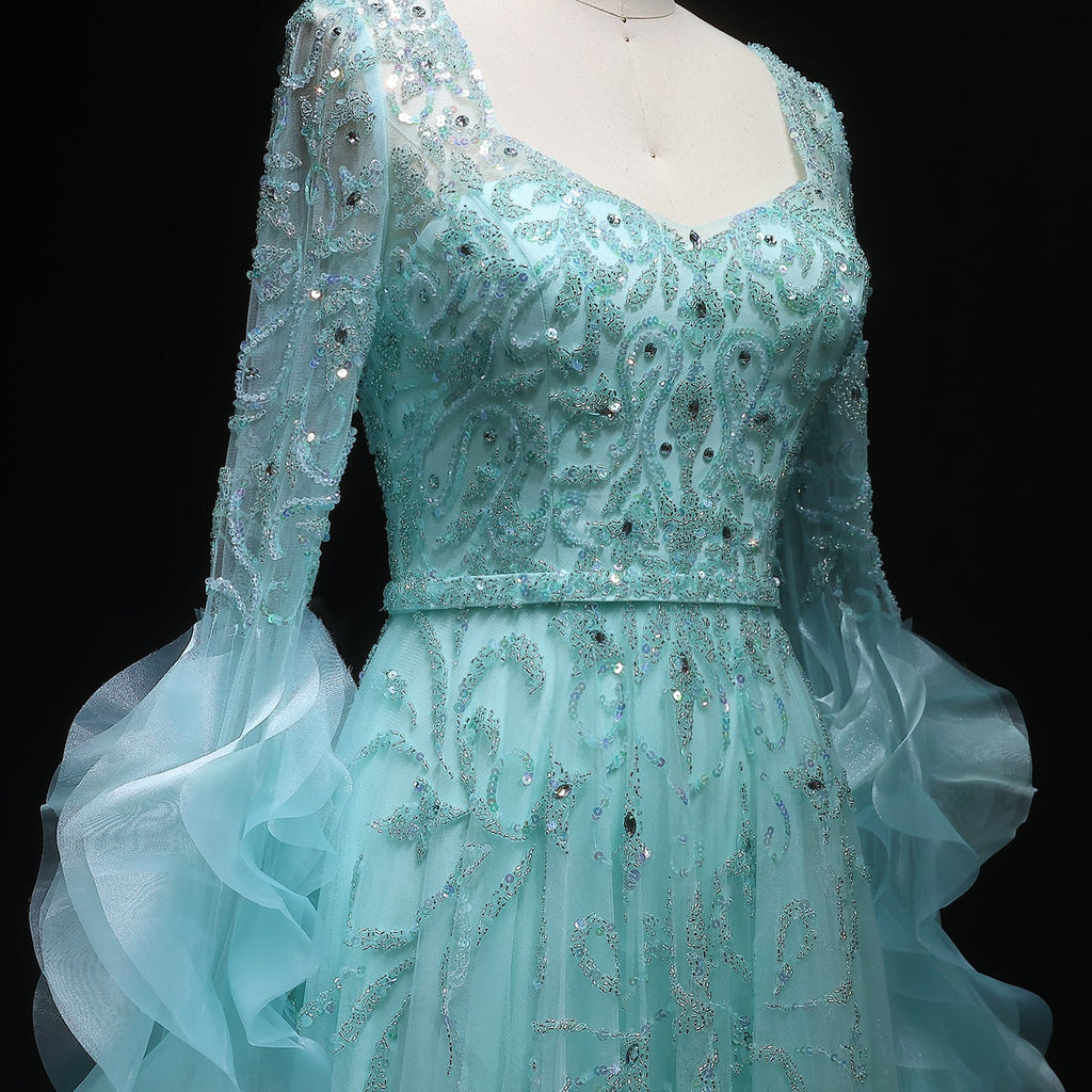 Luxury Aqua Evening Dress with Crystal Sequins and Ruffled Cape SS410