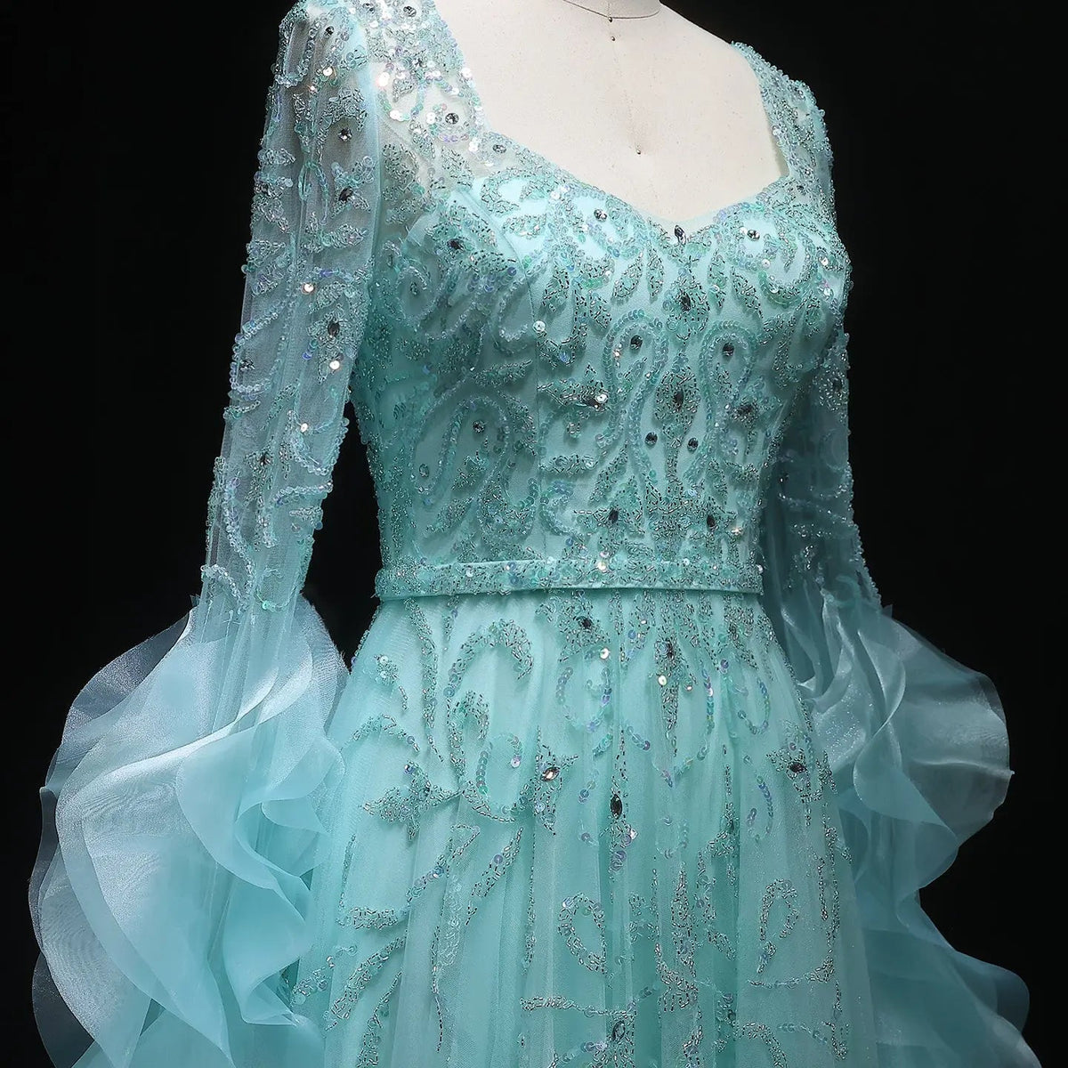 Luxury Aqua Ruffled Cape Crystal Sequin Evening Dress SS410