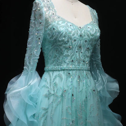 Luxury Aqua Ruffled Cape Crystal Sequin Evening Dress SS410