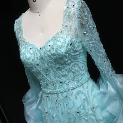 Luxury Aqua Ruffled Cape Crystal Sequin Evening Dress SS410
