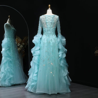 Luxury Aqua Ruffled Cape Crystal Sequin Evening Dress SS410