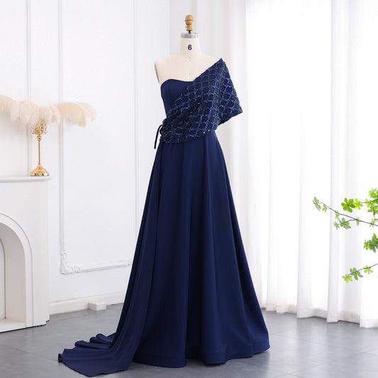 Elegant Navy Blue Off Shoulder Evening Dress with Cape SS206
